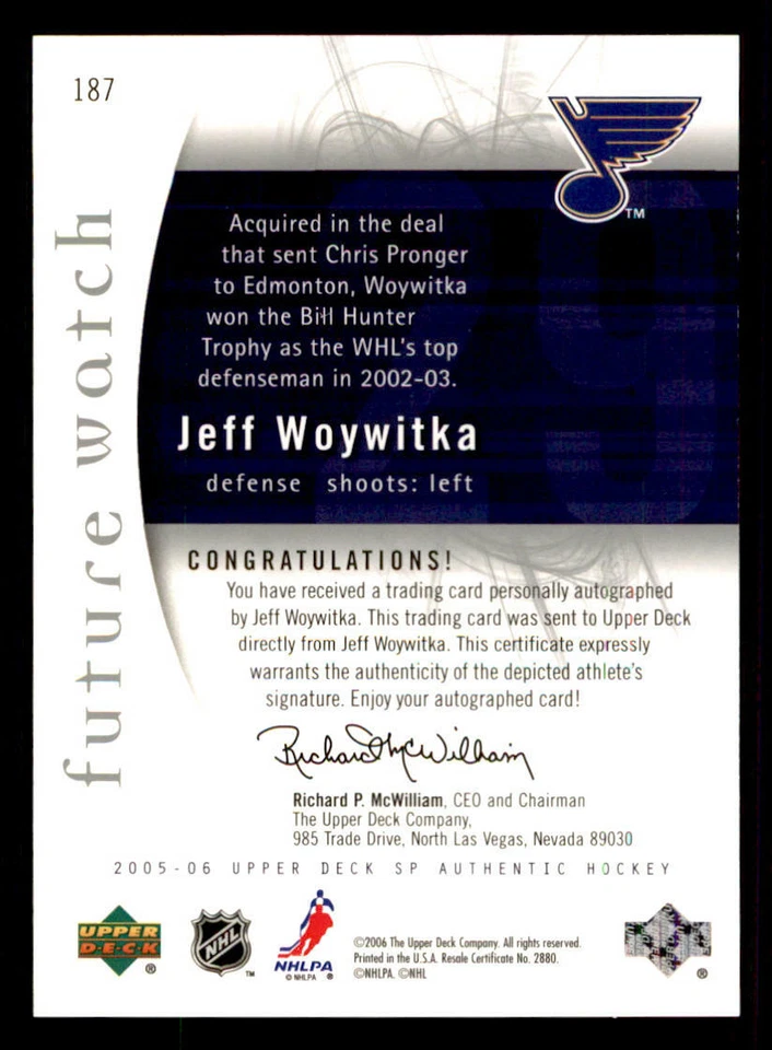 2005-06 SP Authentic #187 Jeff Woywitka AU RC /999 (ref 240339) - Image 2 of 2