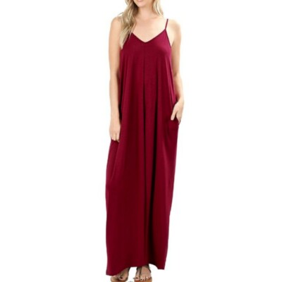 Plus Size Burgundy Dress 1X Cami Maxi Dress With Pockets Boho Long Maxi  Dress 1X | eBay