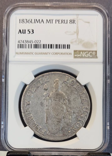 1836 LIMA MT PERU SILVER 8 REALES NGC AU 53 SCARCE HIGH GRADE COIN