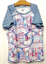220246 Girls L 12 ATHLETA Girl Striped Abstract S/S Swim Swimming Rash Guard Tee