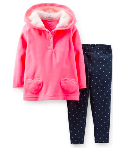 Carter's Baby Girl's 2-PC Cardigan Leggings Set Hood Fleece Heart Print Pant 3M