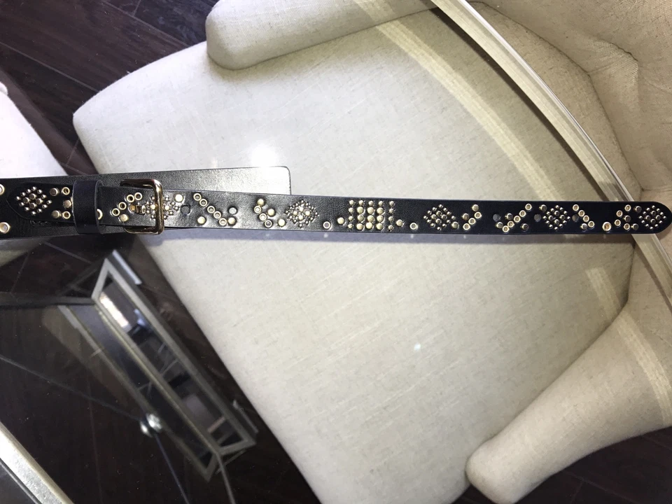 NUEVO CON ETIQUETAS CINTURÓN REBECCA MINKOFF GEOMÉTRICO DORADO TACHONADO CUERO NEGRO XS MUJER Foto 3 de 4