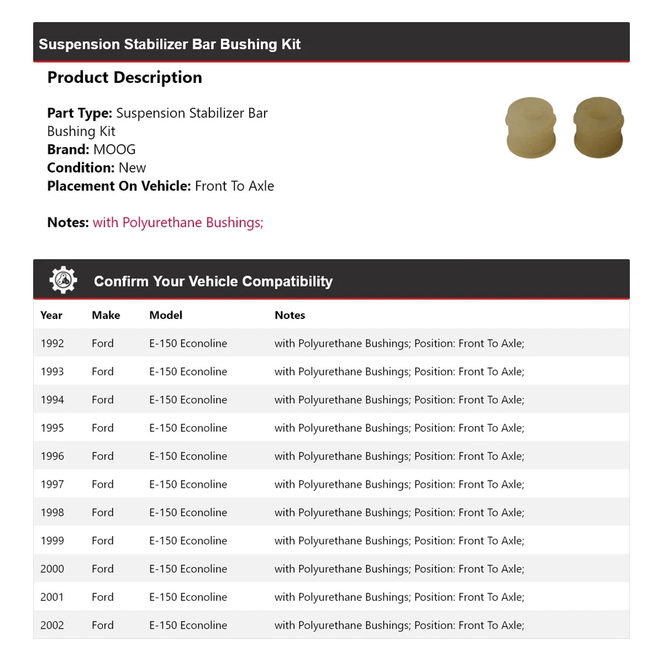 Kit de buje de barra estabilizadora de suspensión para Ford E-150 Econoline 1992-2002 MOOG Foto 2 de 4