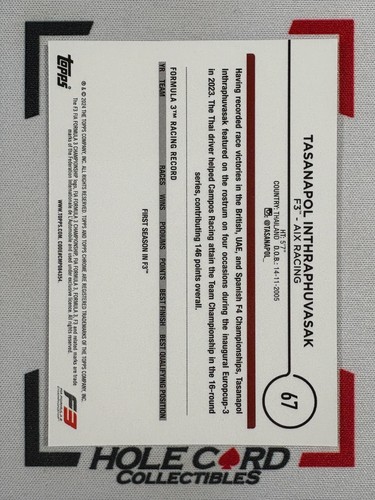 TASANAPOL INTHRAPHUVASAK 2024 Topps Chrome Formula 1 F1 F3 #67 Orange 19/25 - Picture 2 of 2