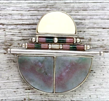 STUDIO DESIGNER ARTISAN AGATE SLAB STERLING SILVER BROOCH BEAUTIFUL RETRO 1990'S