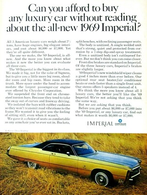 1969 Chrysler Le Baron Imperial 2 Door HT Original Print Ad 8.5 x 11''