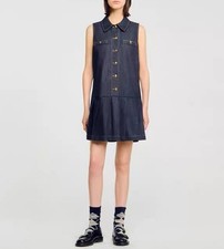 Women Sandro Collared Sleeveless Denim Shirt Mini Dress