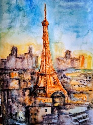 Paris,Eiffel Tower Original Watercolor Painting Signed Landmark Travel art 10x7''