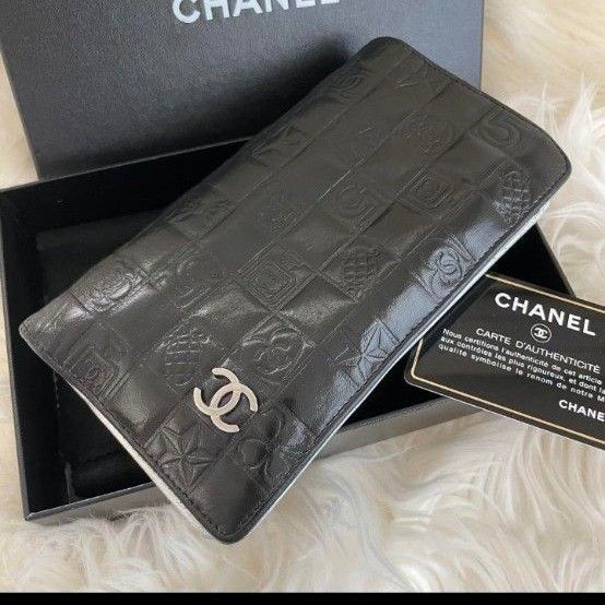 CHANEL Icon Line Coco Mark Two Fold Wallet Black Silver LH596561  