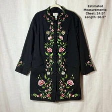 VTG Victor Costa Floral Embroidered Long Coat Duster Jacket Black 2X 90s