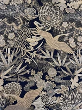 CHINOISERIE BLACK CRANES ASIAN EXPORT UPHOLSTERY FABRIC 4 Yds