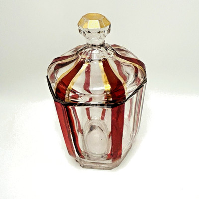 Glass Biscuit Cookie Jar Ruby Red Gold Striped Candy Apothecary Bonbonnière