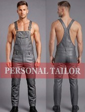 Men's Real Gray Lambskin Leather Bib Overall Dungaree Jumpsuit Utility Uniform