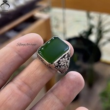 Exclusive Yemeni Aqeeq Ring 925 Silver Handmade Rare Green Agate Jewelry