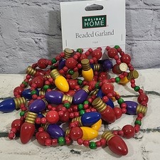 Holiday Home 9ft Christmas Garland Wooden Painted Light Bulbs Beaded Traditional