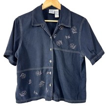 VTG 90s City Blues by Koret Shirt Womens L Floral Embroidered Black Denim