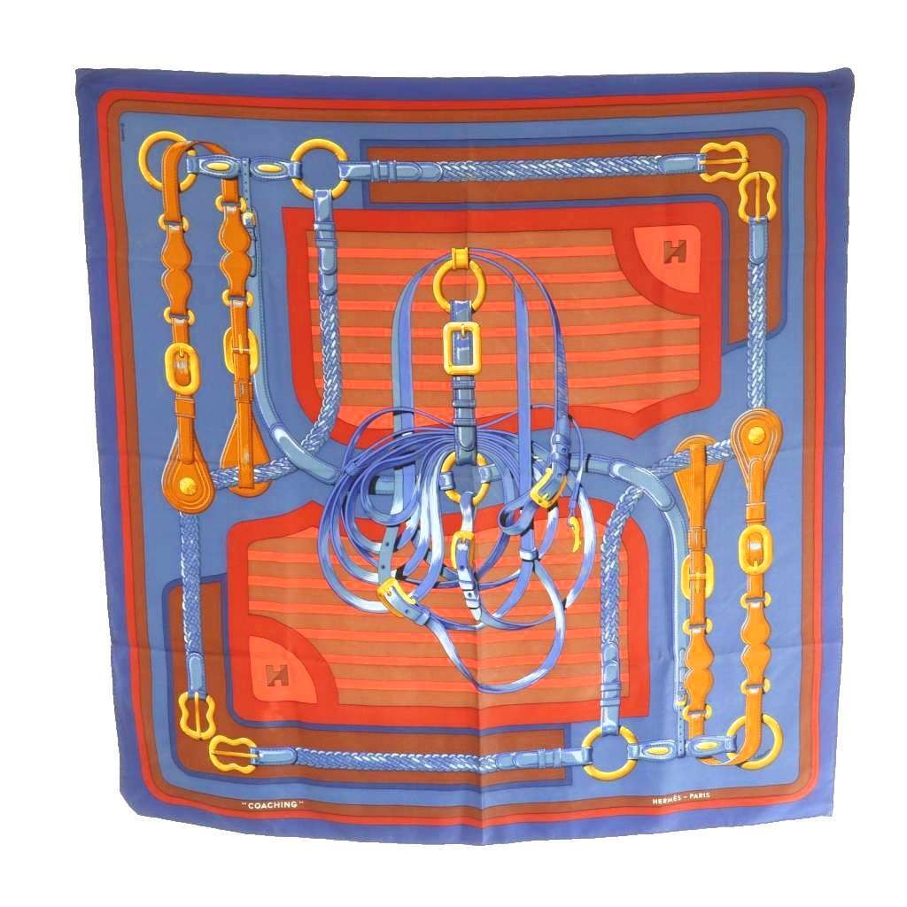 HERMES COACHING Carre 90 Scarf Silk Horse Tack Pattern Blue Red MI OS