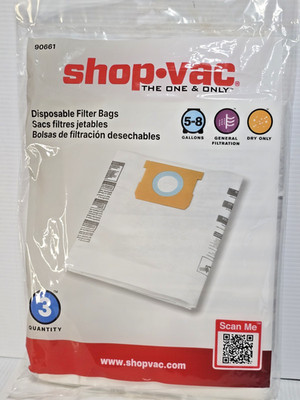Shop-Vac 90661 5-8 Gallon Vacuum Disposable Filter Bags 3-Pack OEM - NEW