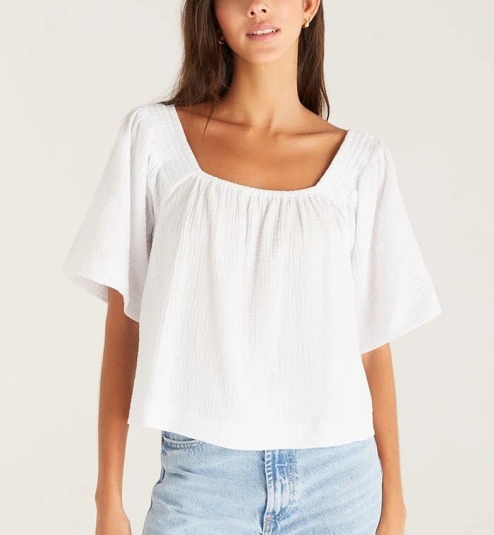 Z SUPPLY No Rules Gauze Top Sz L White Two Way Elastic Collar Wide Short Sleeve