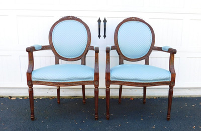 Pair of Carved French Louis XVI Style Open Arm Chairs