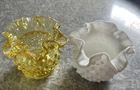 VTG Small Amber Hobnail Ruffled Rim Art Glass Vase & Fenton Milk Glass Vase 3”