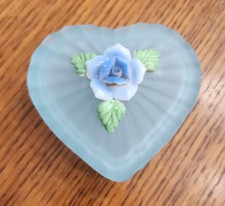 VTG Blue Satin Glass Trinket Box Heart