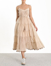 $750 ZIMMERMANN "Suraya" Belted Floral Tiered Stripe Midi Dress - Bronze - 3 / L