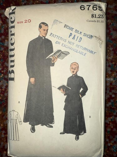 Butterick 6765 Men's Clergy Cassock Priest Robe Sewing Pattern Sz 20 FF Uncut