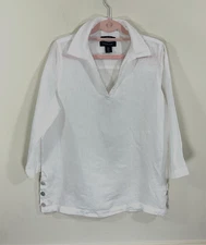 Tahari Popover Top SMALL  100% Linen White Beachy Coastal Grandma Boxy