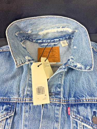 Levis Premium Denin Jacket Mens sz XL Striped back wool trucker blue & red - Picture 3 of 12