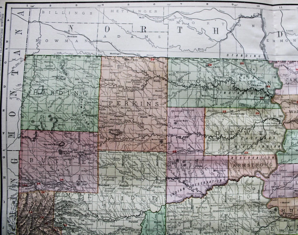 PÁGINA DE MAPA DO ATLAS COMERCIAL RAND MCNALLY DE SOUTH DAKOTA 1913 COM LINHAS FERROVIÁRIAS - Imagem 3 de 4