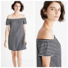 Madewell Melody Women's Off Shoulder Striped Shift Dress Size Medium Black White