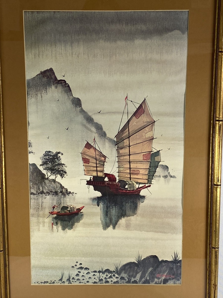 Robert E Russell Framed Print of Asian Ship & Landscape Robert E Russell Framed Print of Asian Ship & Landscape