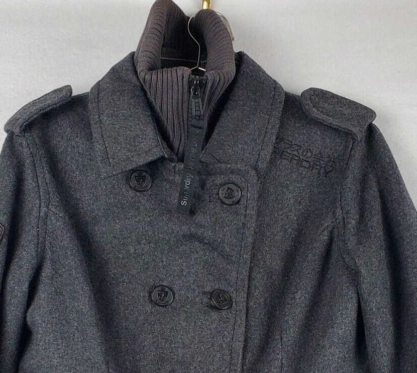 Superdry Chaqueta Patsy Mujer Grande Gris Lana Doble Pecho Exterior Etiqueta Azul Marino Foto 3 de 4