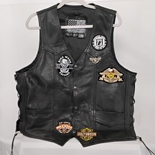 Dream Apparel Genuine Leather Vest with Harley Davidson Logo Pin Plus Patches