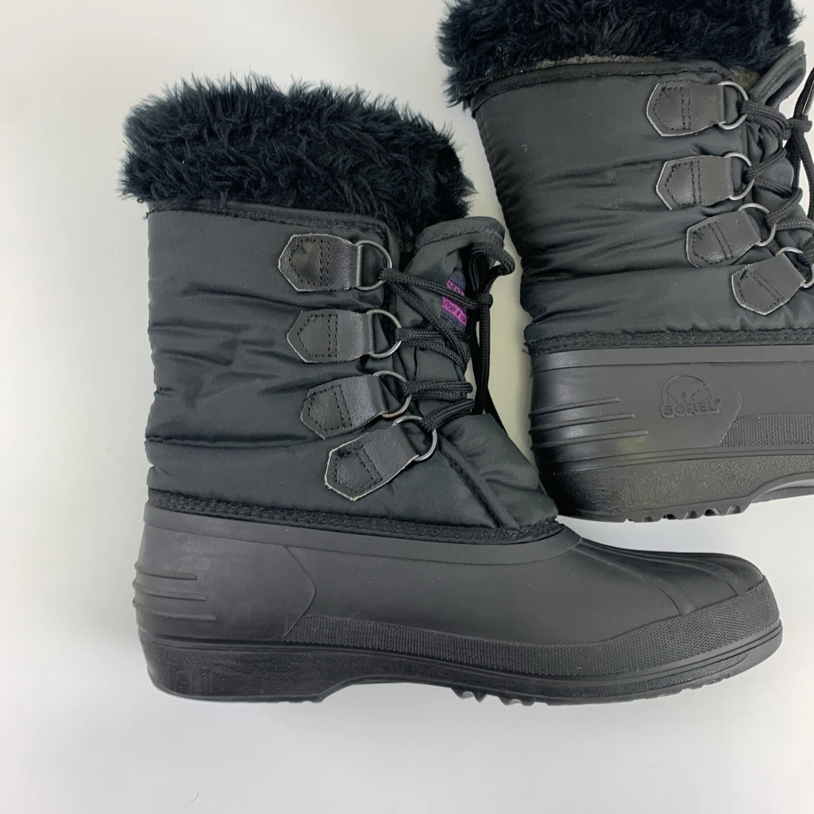 sorel nylon winter felt liner faux fur trim lace up boots