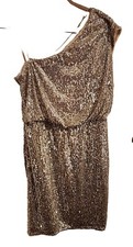 Womens Adrianna Papell Evening Sequin Dress One Shoulder Champagne Lined 10