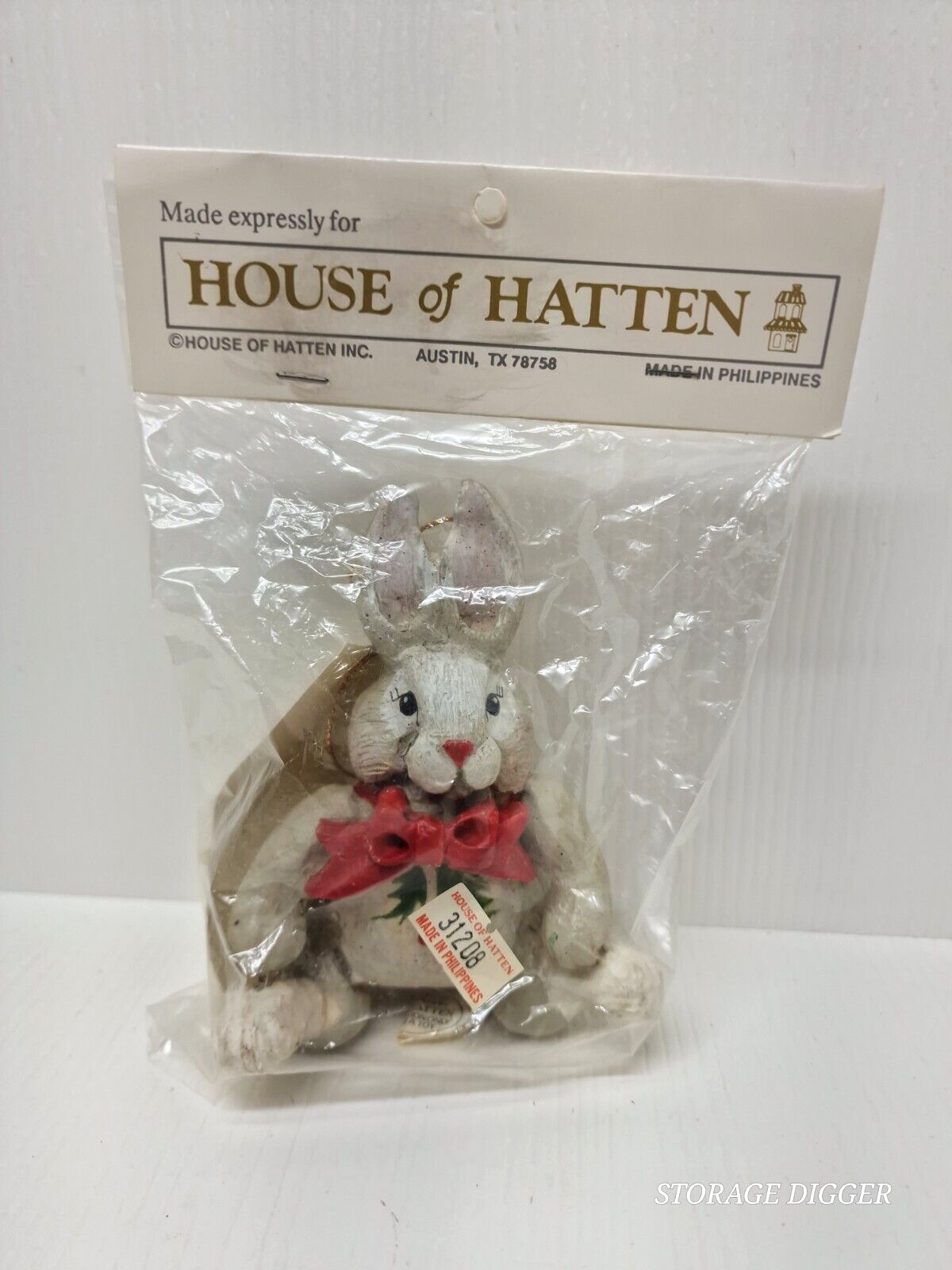 VTG House of Hatten Snow Meadow White Rabbit Bunny Holly Christmas Ornament Decoration-image