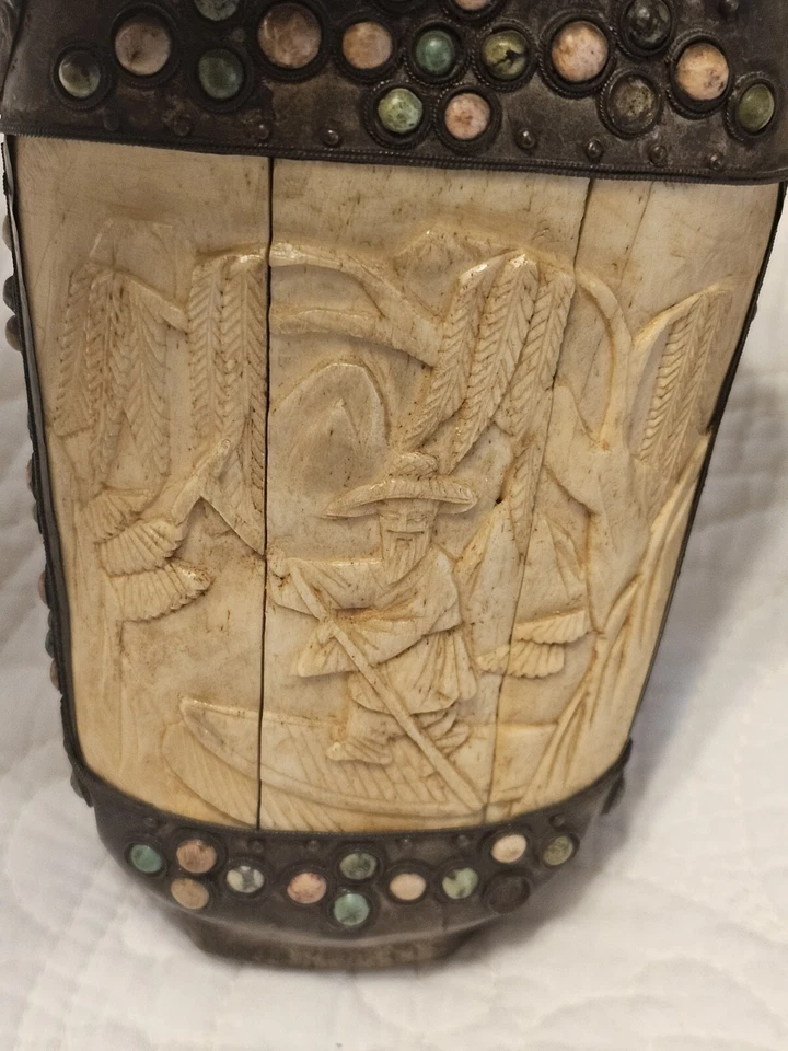 Antq. 2 botellas de tabaco chinas de hueso y latón de opio con diseño de cuchara en Ea. Lado C1920 Foto 3 de 4