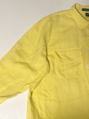 Camicia donna Lauren Ralph Lauren 100% lino 2x giallo rotolo linguetta manica lunga spiaggia - Foto 13 di 15