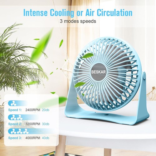 USB Desk Fan: 3 Speed, Quiet, 360° Rotate, Portable for Home/Office/Bedroom-Blue - Picture 2 of 7