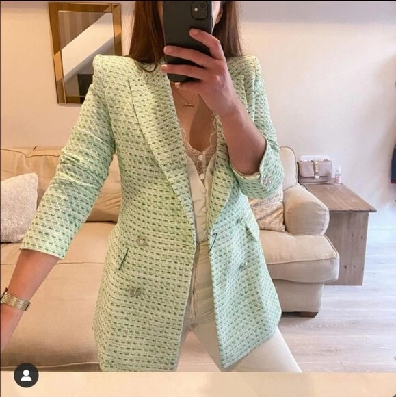 ZARA MINT GREEN DOUBLE BREASTED JACKET COAT BLAZER SILVER BUTTONS SIZE LARGE L
