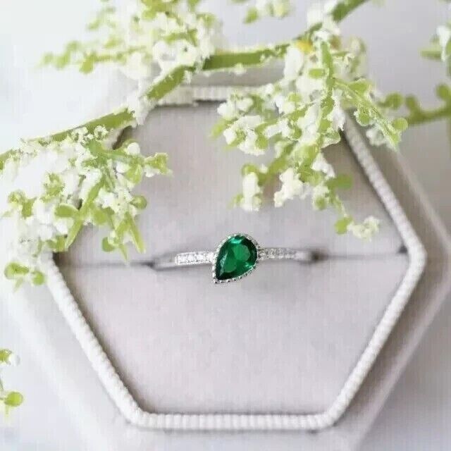 Pear Cut Simulated Emerald Engagement Ring in 14K White Gold Plated for Women-image