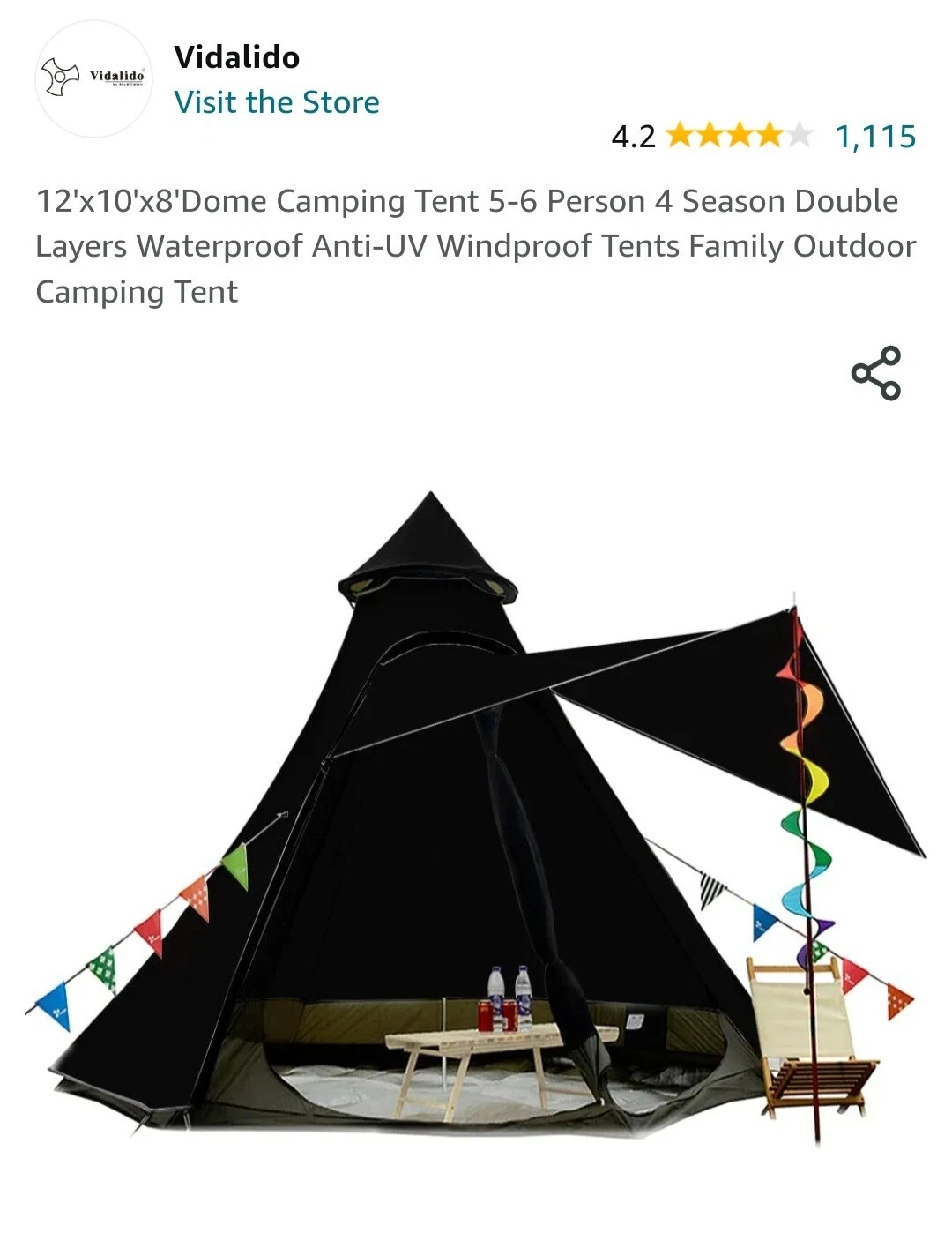 Vidalido Teepee Tent - New, never used, open box. Camping Family