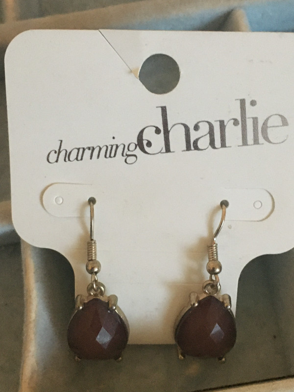 Charming Charlie Gold-Tone Dark Wine Quartz Dangle Earrings. On original card.