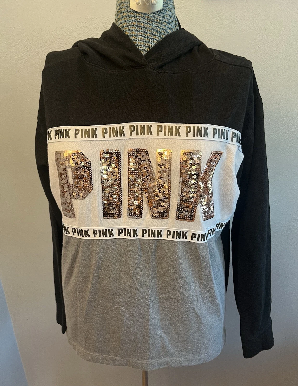 UNDERCOVER Victoria’s Secret rosa paillettes bling pullover felpa con cappuccio camicia piccola nero grigio Y2K