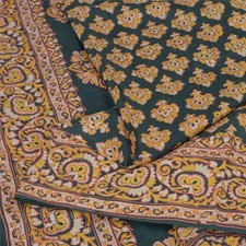 Sanskriti Vintage Sarees Dark Green 100 Pure Silk Block Printed Sari 5Yd Craft