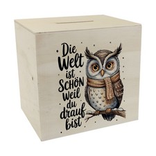 Eule mit Schal Spardose aus Holz Die Welt ist schön