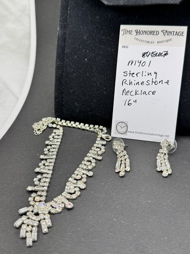 Rhinestone Necklace 16" choker  pierced drop earrings Silver Tone Sparkles case - 第 9/10 張圖片