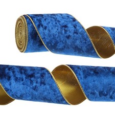 4 Inch x 10 Yards Velvet Wired Gold Crushed Ribbon for Bow Decor Deep Blue